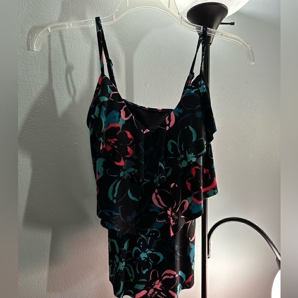 Aqua Green Tiered Tankini Top Black Floral NWT Size Small
